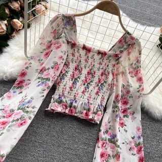 เสื้อเบลาส์แขนสั้น ผ้าชีฟอง ลายดอกไม้ สไตล์ฝรั่งเศส สําหรับผู้หญิง