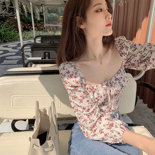 เสื้อเชิ้ต คอสี่เหลี่ยม แขนยาว ผ้าชีฟอง ลายดอกไม้ สไตล์เรโทร สําหรับผู้หญิง