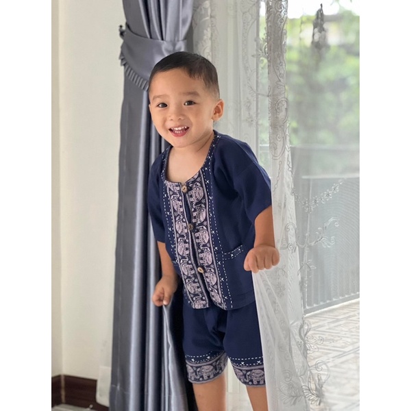 สินค้าพร้อมส่ง ชุดผ้าฝ้ายปักช้างขาสั้นสีกรมท่า น่ารักแบบเหนือๆ