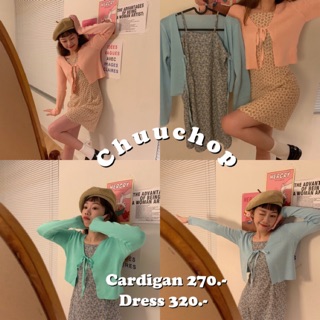 CHUUCHOP_พร้อมส่ง(C1491-C1492)🍋Ribbon cardigan&amp;dress ชุดเดรสสั้นสายเดี่ยวลายดอกไม้+คาดิแกนผูกโบว์กลางอก