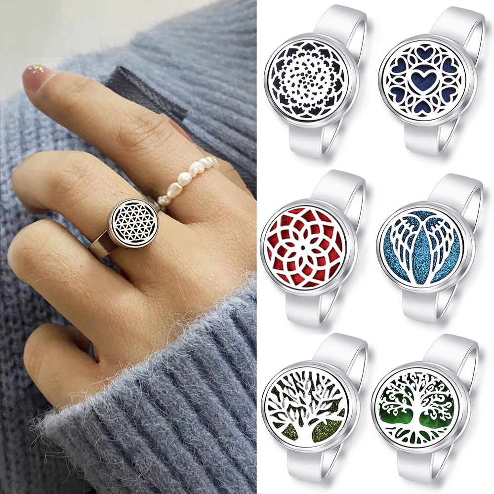 แฟชั่น Tree Of Life Aromatherapy แหวนสแตนเลสเกลียวเปิดน้ําหอม Diffuser Locket รูปหัวใจแหวนปีกนางฟ้าเครื่องประดับ