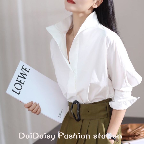 Daidaisy √ เสื้อเชิ้ตแขนสามส่วน คอปกตั้ง ทรงหลวม สีขาว แฟชั่นฤดูใบไม้ผลิ สําหรับผู้หญิง 2022