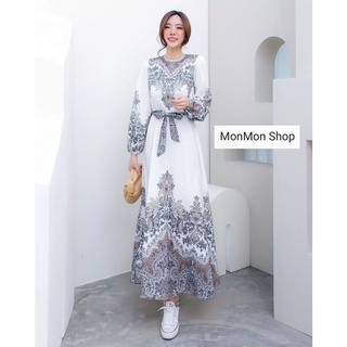 MONMONSHOP👗MON5700 Bohemain MaxiDress แม็กซี่เดรสพิมพ์ลายสไตล์โบฮีเมี่ยน มาพร้อมกับสายผูกเอวเข้าชุดกัน งานสวยมากๆเลยนะคะ