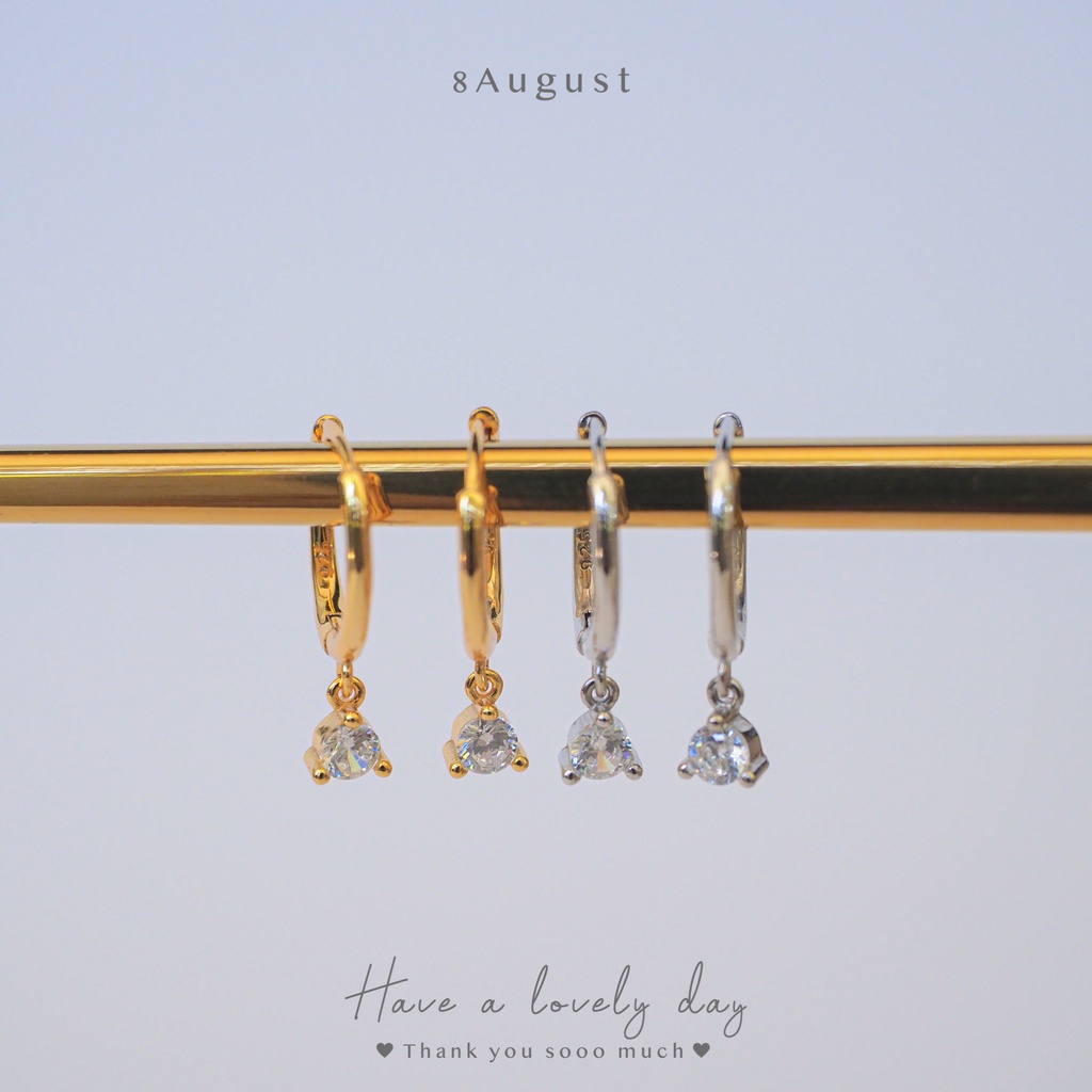 8August ต่างหูเงินแท้ ต่างหูห่วง ห้อยเพชร 1 เม็ด น่ารัก มินิมอล Hoop Earrings S925 9mm (A41)