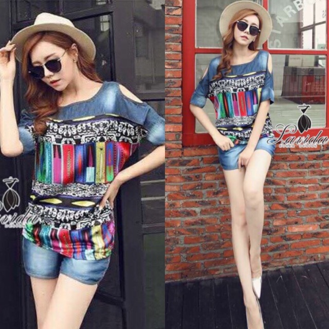 🍭 Korea Design By Lavida colorful paint shirt short pants denim set