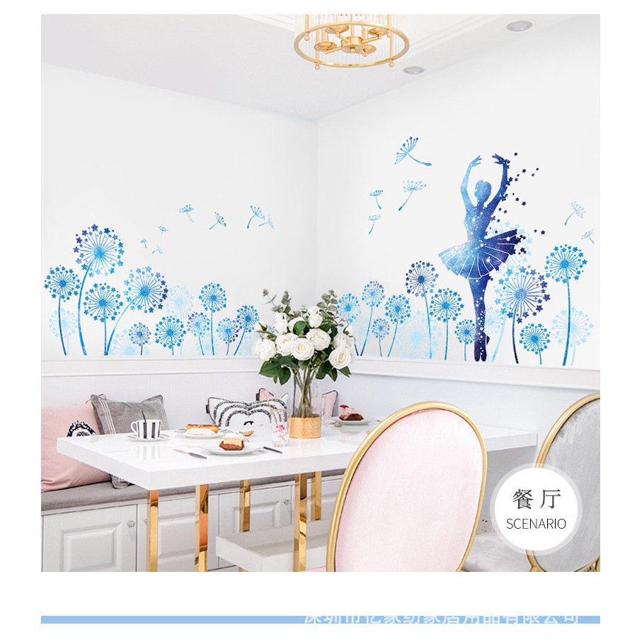 Q8 WALLSTICKER BLUE BALLERINA DANDELION MOTIF สติ๊กเกอร์ติดผนัง UK 90X60 WALSTIKER สติ๊กเกอร์ DECORA