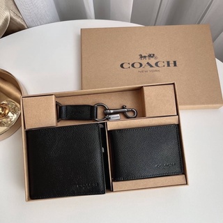 กระเป๋าสตางค์ใบสั้น Coach F64118 เซ็ตกระเป๋าเงินชาย หนังแท้ พร้อมพวงกุญแจ ของแท้100% สีน้ำตาล และสีดำ