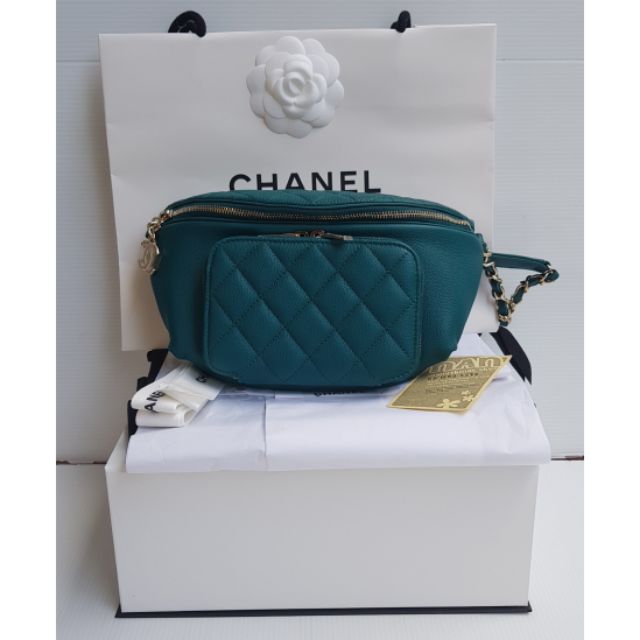 Chanel กระเป๋าคาดอก คาดเอว Caviar สีเขียวฟ้า ใหม่ แท้