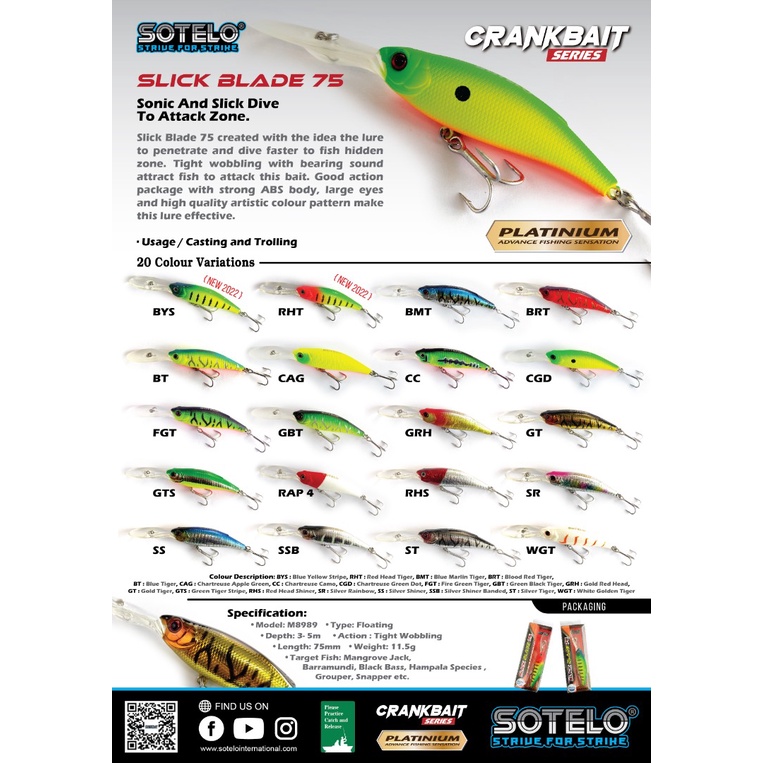 SOTELO PLATINUM SLICK BLADE 75 (M8989)75MM , 12G , 3-5M , FLOATING Fishing Hard Lure / Umpan Tiruan 