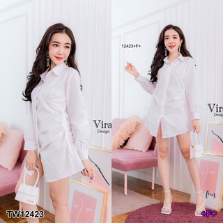 ❤️TW12423 เดรสคอปก ผ้าคอตตอนทอเนื้อหนา สีขาว ดีเทลรูดเชือกด้านข้าง ผูกโบว์เก๋ๆปรับสั้นยาวได้ งานสุดเก๋ ทรงคอวี
