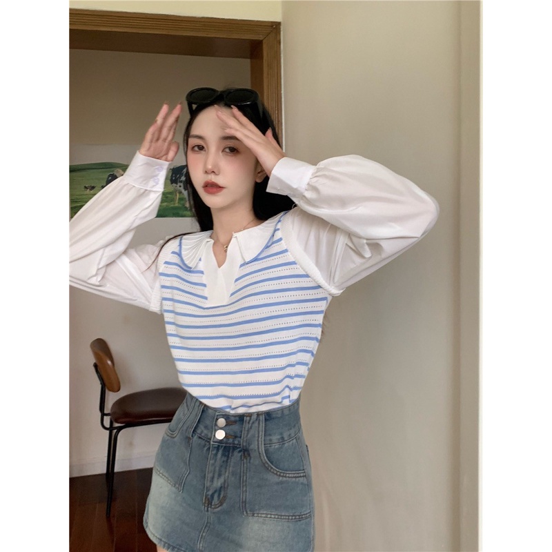 Elves✨พร้อมส่ง✨ เสื้อไหมพรมคอปกแขนยาวชีฟอง ดีเทลลายทางน่ารักคิ้วมาก ~50055-1~