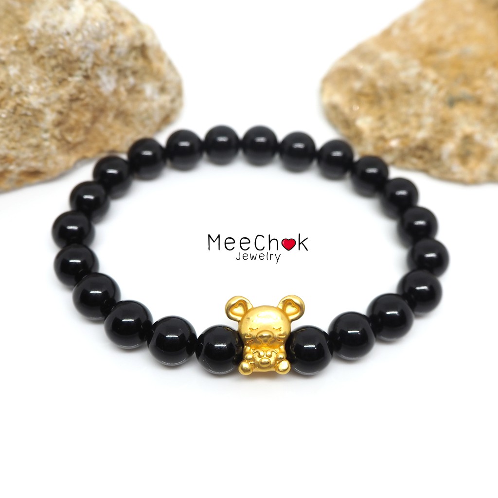 หินนิลดำ Onyx 8 มิล ประดับหนูทอง ช่วยปกป้องคุ้มครองให้ปลอดภัย หินสีดำ By.Meechok
