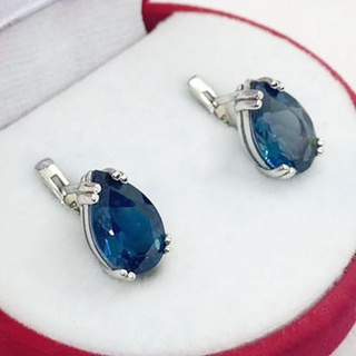 Q6437 ต่างหูพลอยโทพาซแท้ ( Topaz ) เฉดสีลอนดอน แบบอิงลิชล็อค ตัวเรือนเงินแท้ 925 ชุบทองคำขาว