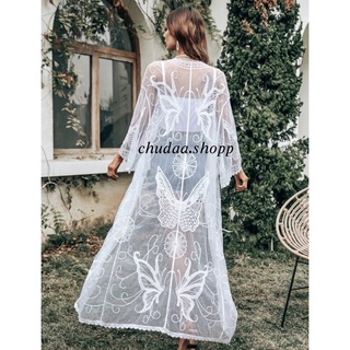 เสื้อคลุมชีฟองทรงยาวปักลายลูกไม้สไตล์โบโฮ ใส่คลุมบิกินี ชุดว…