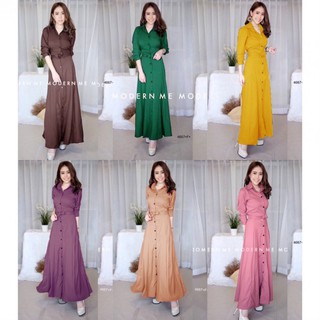 (4667) Maxi Dress แม็กซี่เดรสเชิ้ตแขนยาว สีพื้น