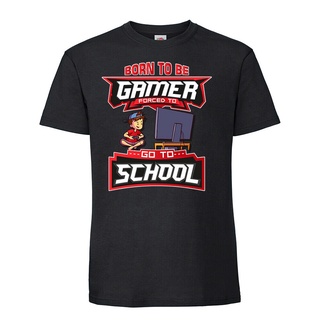 T-shirt  ใหม่ เสื้อยืดผ้าฝ้าย พิมพ์ลาย Born to be Gamer forced to go to School คุณภาพสูง สีดํา สําหรับผู้ชายS-5XL