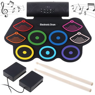 🌈ชุดกลองซิลิโคนหลากสีแบบพกพา พร้อม CD เดโม่ กระเดื่อง และไม้กลอง Colorful Portable Roll Up Electronic Drum Set 9 Silicon