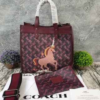 COACH Field Tote With Horse And Carriage Print And Unicorn Bag ( F79365 Oxblood )