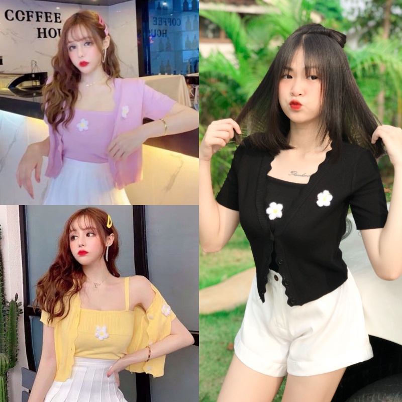 MesubShop    ชุดเซต 2ชิ้น เสื้อสายเดี่ยว + เสื้อคลุมแขนสั้น งานเย็บดอกไม้ปุย ๆ มันดีย์ ตำด่วน   ปุยฝ้าย คลุุมปุยฝ – โปรปัง