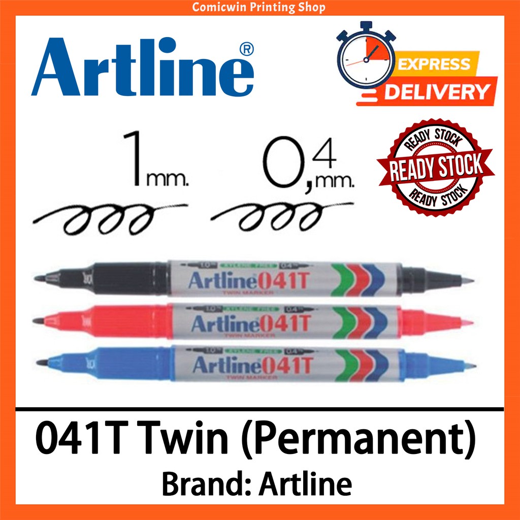 Artline 041T ปากกามาร์กเกอร์ถาวร Twin / Dual Tip 0.4 มม. & 1 มม. สีดํา น้ําเงิน แดง