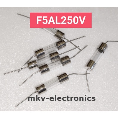 (10ตัว) F5AL250V , 5A 250V ฟิวส์หลอดแก้วมีขา Glass Fuse 5x20mm. (รหัสสินค้า M03022)
