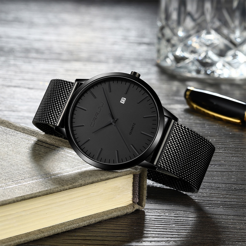 CRRJU Men Watch Black Stainless Steel Mesh Band Calendar Display Sports Waterproof Quartz Watch 2172