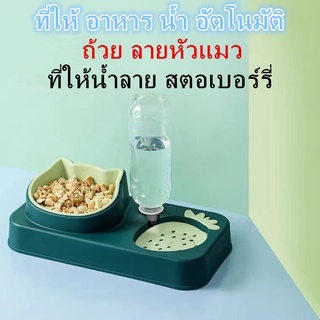 TOP A30 แบบใหม่ หัวแมว สตอเบอร์รี่ ชามอาหาร ชามน้ำอัตโนมัติ สำหรับสัตว์เลี้ยง ชามข้าวแมว ชามข้าวหมา ชามอาหารน่ารัก