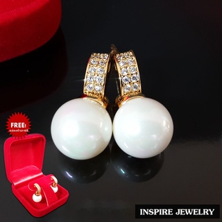 Inspire Jewelry (NN) ,ต่างหูมุก ประดับเพชรสวิส หุ้มทอง24K สวยหรู พร้อมกล่องทอง