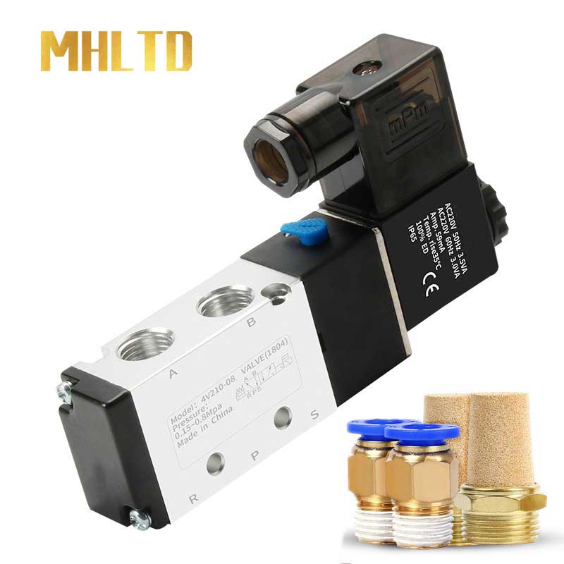 4V210-08 DC12V DC24V AC110V AC220V คอยล์ 4V210-08 1/4 5 Way 2 ตําแหน่งพอร์ตนิวเมติกควบคุม Solenoid A