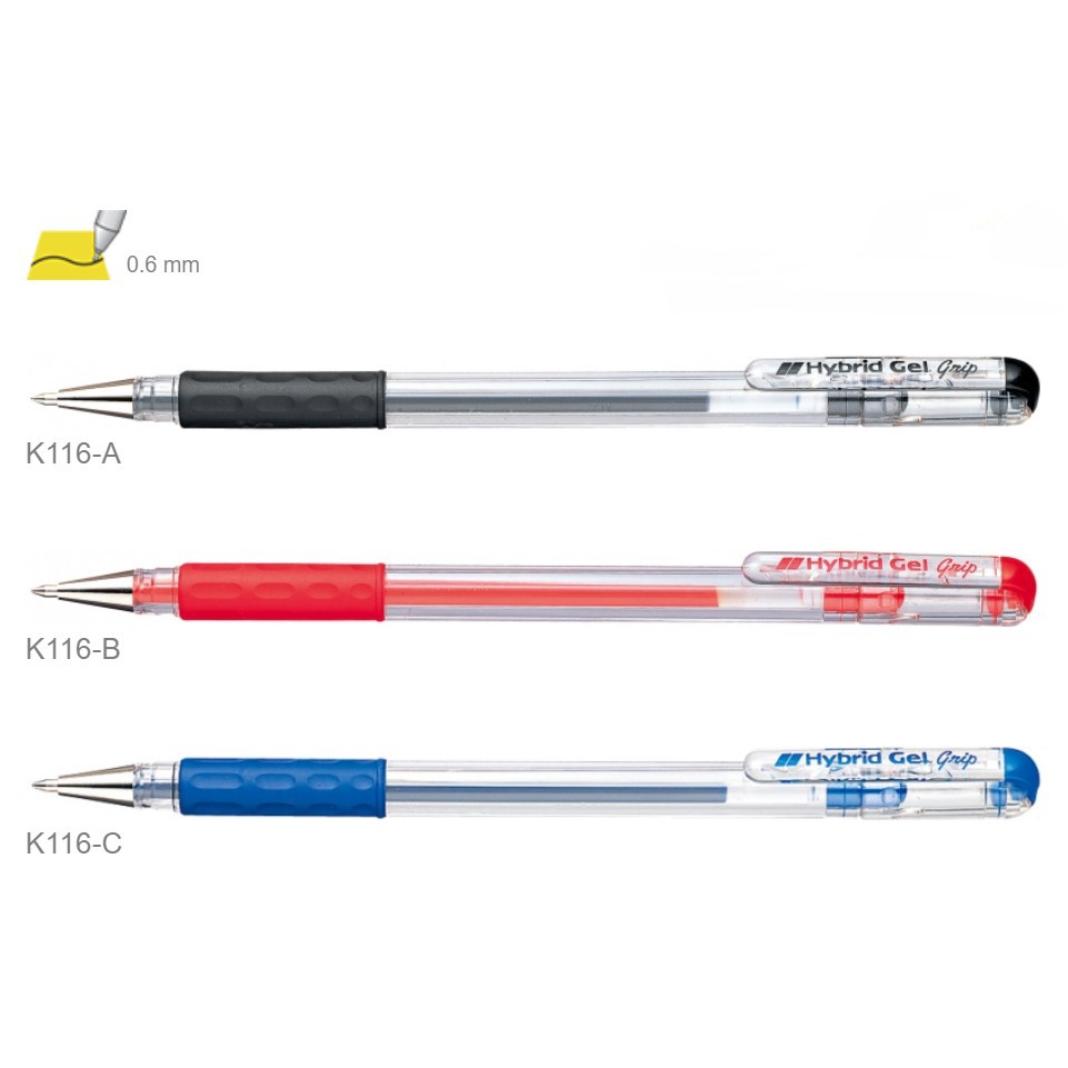 ปากกาเจล Pentel Hybrid 0.6 มม. สีน้ำเงิน ดำ แดง (จำนวน 1 ด้าม)