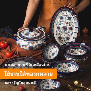 ชุดจานชามเซรามิคสไตล์เกาหลีลายดอกไม้สำหรับใช้ในครัวเรือน ชามซุป ชามก๋วยเตี๋ยว ชามสลัด ชุดหม้อซุปขนาดใหญ่ จา