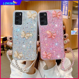 เคสโทรศัพท์มือถือนิ่ม ลายผีเสื้อ 3D ประดับกลิตเตอร์ พร้อมสายคล้องมือคริสตัล สําหรับ OPPO A57 A77 A16 A16K A15 A15S A76 A96 A36 A54 A74 A94 A55 A95 A93