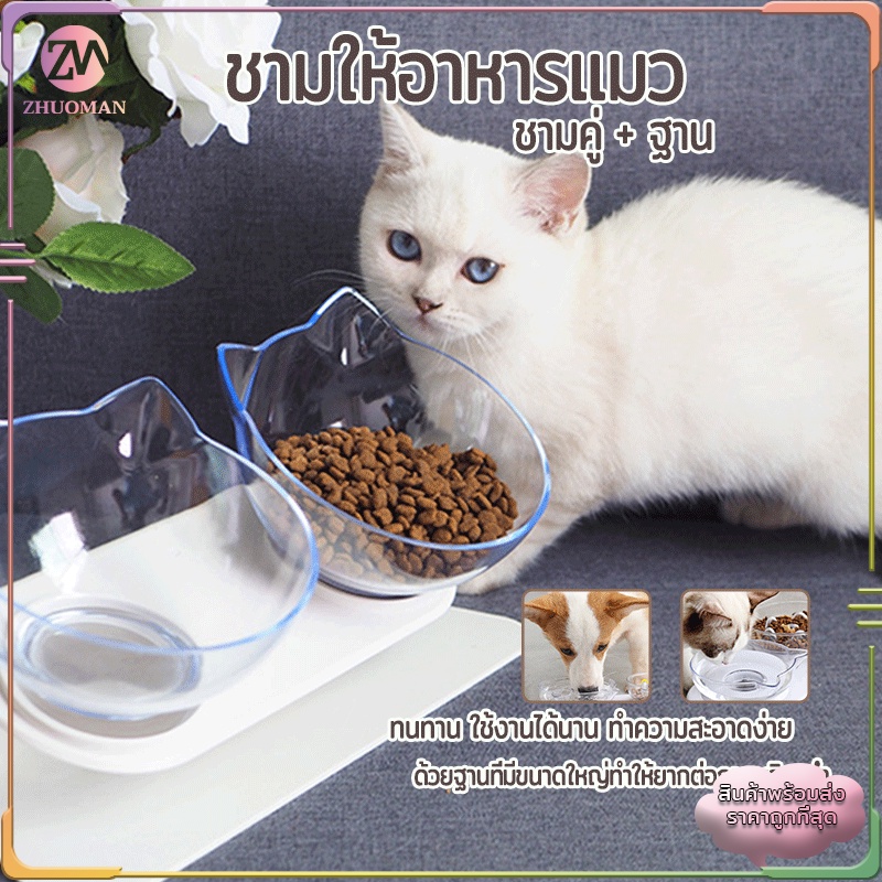 ถ้วยข้าวแมว ชามอาหารสุนัข ชามอาหารแมว แมว ชามอาหารสัตว์เลี้ยง แบบคู่/เอียง 15 องศา ทนทาน ใช้งานได้นาน ทำความสะอาดง่าย