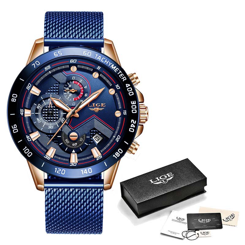 LIGE Men's Watch Blue Casual Mesh Belt Fashion Quartz Watch Waterproof Chronograph Watch for Men Relo 1Mwa