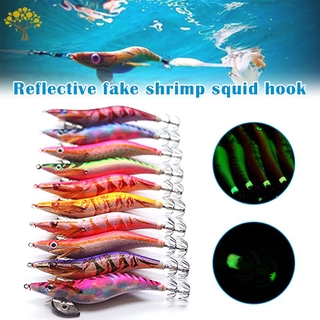 "ready stock" 10Pcs Fishing Lure Sinker Squid Jig Hook Wooden Shrimp Artificial Fishing Lures Octopus Cuttlefish Shrimp Fishing Bait