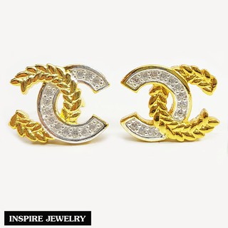 Inspire Jewelry ,ต่างหูCN ช่อมะกอก ฝังเพชร งานจิวเวลลี่ หุ้มทองแท้ 100% 24K ขนาด 1.2 CM สวยหรู พร้อมกล่องกำมะหยี่