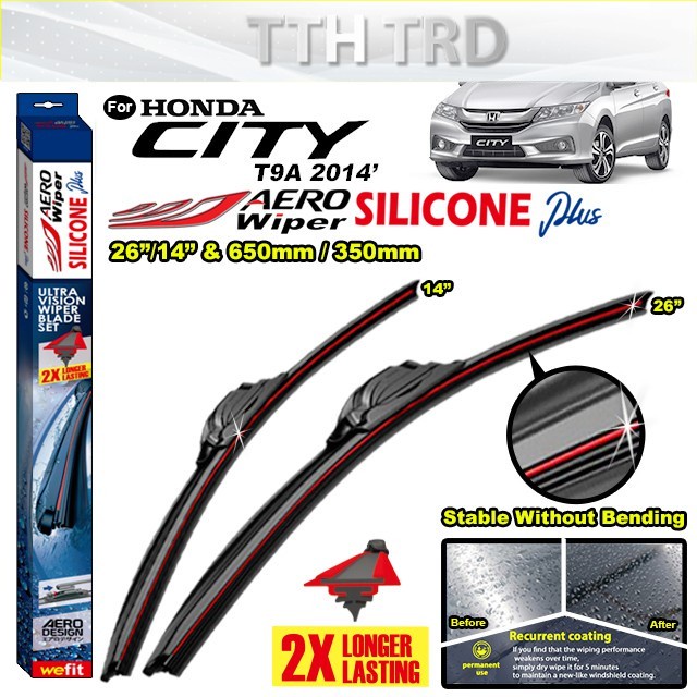 Honda City T9A 2014 Aero Wiper Red Line Silicone Plus 1 คู่ (26"/14" & 640mm/350mm) ~ U-Hook Type Ho