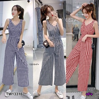 TW13316Jumpsuit จั้มสูทแขนกุด ขายาวผ้าทอลายสก็อตขากระบอก มีกระเป๋าล้วง มีซิปหลัง พร้อมส่ง