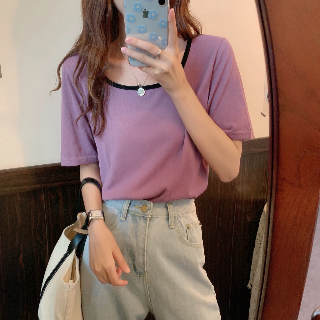 Fdg ฯลฯ เสื้อยืดแขนสั้นคอปกสี่เหลี่ยมสีตัดกันสไตล์เกาหลีสําหรับผู้หญิง