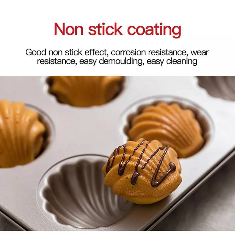 ถาดอบขนม พิมพ์ขนมเค้ก 6 หลุม เคลือบ Non-stick ลายหอยShell  สีทอง - รูปที่ 2