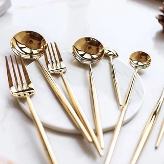 [พร้อมส่ง]🍴ช้อนส้อมเกาหลี ช้อนส้อมเรียบหรู ช้อนส้อมสแตนเลส ทอง