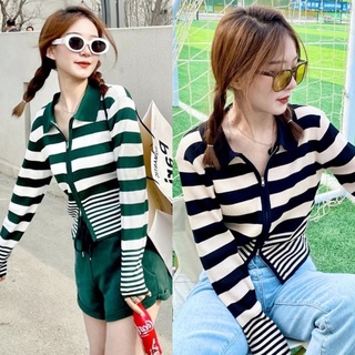 ✅ส่งไว✅สต็อกไทย เสื้อไหมพรมซิปหน้าแขนยาวแต่งลายทาง คอปกสีพื้น 5 สี