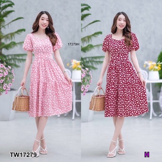 PP17279 เดรสแขนตุ๊กตาลายหัวใจ ผูกเอว