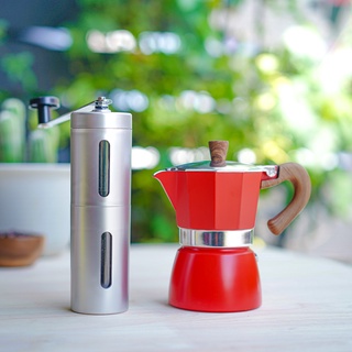 KAMPING ชุดหม้อต้มกาแฟสด มอคค่าพอท 3cup (สีแดง) + เครื่องบดเมล็ดกาแฟ มือหมุน