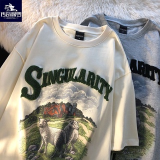 oversize t -shirt American Cartoon Velvet พิมพ์สั้น -รูปแบบย้อนยุคที่มีขนาดเล็ก