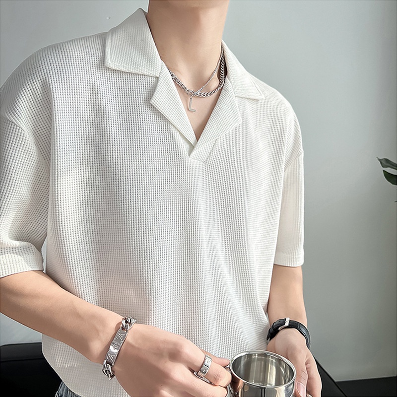ผ้าไหมน้ําแข็งตาข่ายเสื้อคอคิวบาผู้ชายครึ่งแขน2024แสงผู้ใหญ่ช่างทําผมถนนสวมผู้ชายออกแบบเสื้อวาฟเฟิล