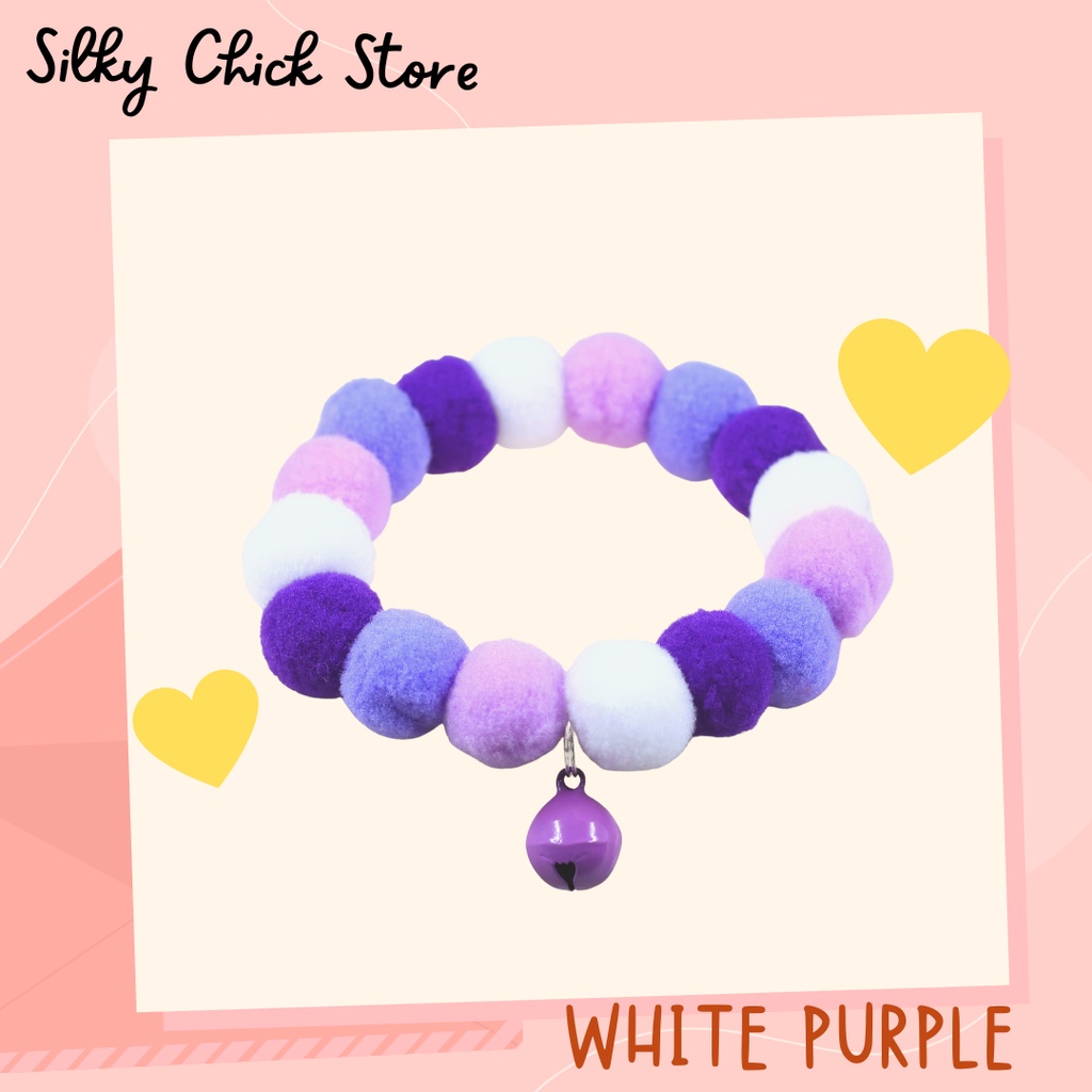 ปลอกคอ white purple พรีเมียม ปอม ปอม Collar [Rubber type]