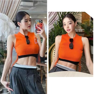 Freezia เสื้อยืดครอปท็อป แขนกุด ผ้าถัก เข้ารูป สีส้ม สไตล์เกาหลี สําหรับผู้หญิง