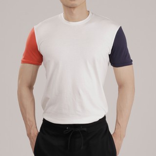 Noxx Round Neck T-shirt: เสื้อยืด คอกลม สีขาวแขนส้มและน้ำเงิน