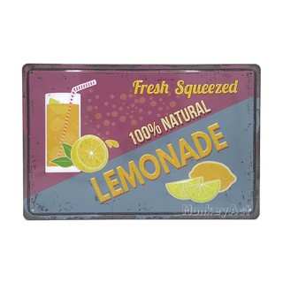 ป้ายสังกะสีวินเทจ Fresh Squeezed Lemonade (ปั๊มนูน)